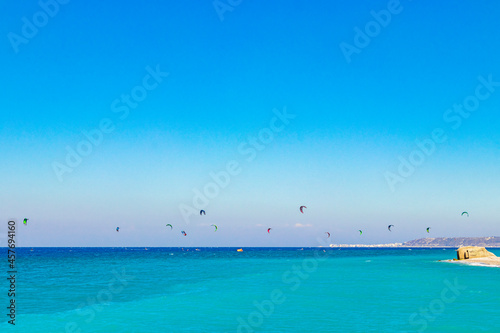 Relax windsurfing vacation and turquoise waters Kremasti beach Rhodes Greece.