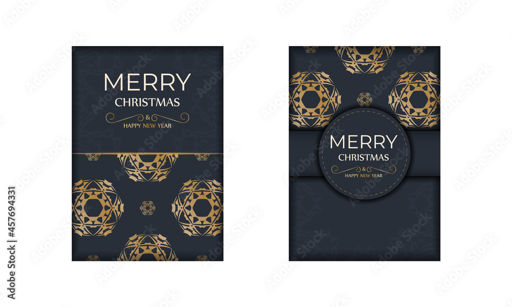 Dark blue Happy New Year Brochure template with vintage gold ornaments
