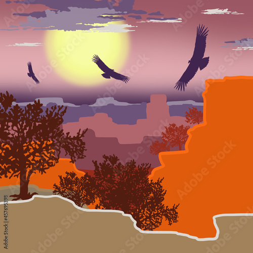 Mountains landscape flat illustration. Nature scenery with mountains, sun and birds silhouettes in the sky. © ShigureArt
