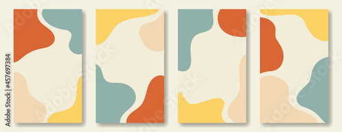 Set of vertical cute abstract backgrounds in doodle style, flowing colored shapes on a beige backdrop, childish or girly template for social media posting. © Sergio