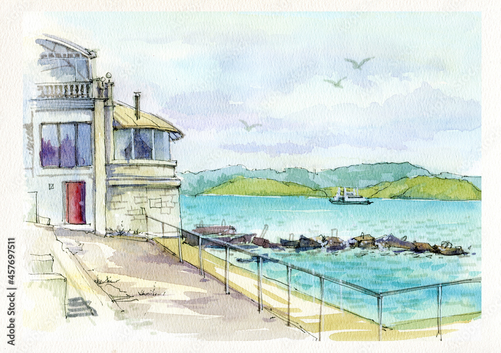 City landscape. Buildings are located on the seashore. The old embankment in the port. Sevastopol, Crimea. Freehand drawing.