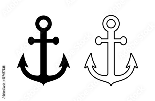 Anchor icon. Silhouette outline line anchor. Black symbol boat or ship isolated on white background. Marine logo. Simple nautical design. Maritime graphic element. Anchor sea sign. Vector illustration