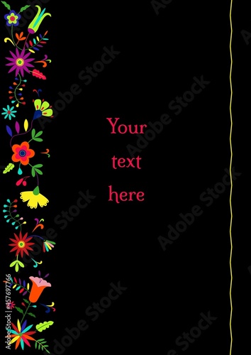 Traditional Mexican embroidery Otomi style floral composition with copy space for text. Vector border of colorful ethnic floral elements .