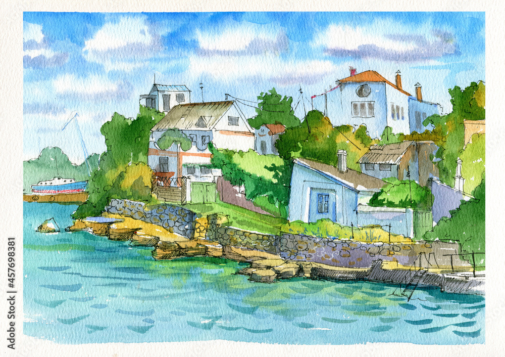Obraz premium City landscape. Residential buildings are located on the seashore. The old embankment in the port. Sevastopol, Crimea. Freehand drawing.