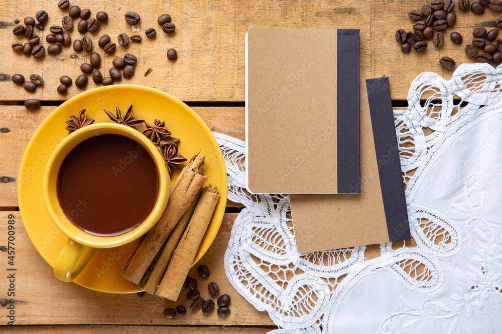 Top view coffee cup with notebooks Top view coffee cup with notebooks