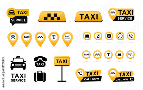 Taxi service icons set. Taxi signs. Taxi map pointer. Stylish set of logos icons and stickers. Vector illustration. EPS 10