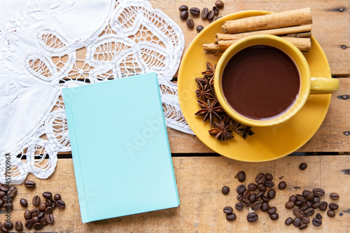 Top view coffee cup with book