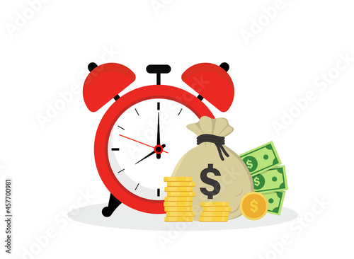 Money bag, gold coins, dollar banknotes and Alarm Clock in flat style. Quick credit. Fast money. Quick loan. Time is money concept. Business and finance. Vector illustration