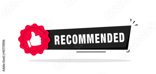 Recommend icon with thumb up. Best brend. Emblem. Recommendation tag. Good advice. Modern recommend badge. Vector