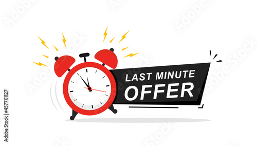Last minute offer sign with а ringing alarm clock. Marketing banner for promotion,cute alarm clock and text last minute. Promo with clock. Vector illustration.