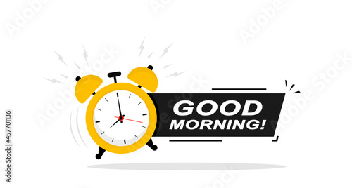 Good morning, wake-up time concept. Ringing alarm clock and text good morning. Vector illustration