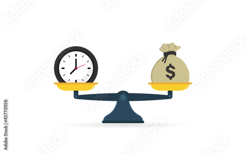 Time is money on scales icon. Weights with clock and money bag. Money and time balance on scale. Time versus money. Vector illustration on white background.