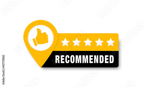 Recommend icon with thumb up. Best brend. Emblem with five stars and geolocation icon. Recommendation tag. Good advice. Modern recommend badge. Vector