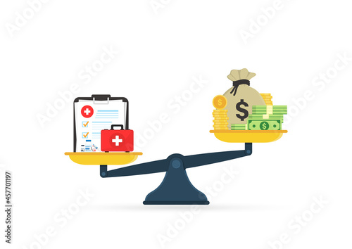 Money and health balance. Scale of balance between money, dollar and medicine, pill. Balance of lifestyle and work. Health care and treatment costs contradiction conflict. Health concept. Vector