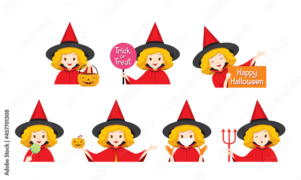 Set Of Cute Girl With Red Little Witch Costume, Happy Halloween Set Of Cute Girl With Red Little Witch Costume, Happy Halloween