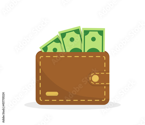 Brown wallet with green paper money. Business and finance symbol. Online payment concept. Wealth concept. Closed wallet with moneys. Vector illustration in cartoon style.