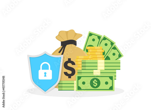 The preservation and protection of money. Сoncept of money insurance for web page, banner, presentation, social media, documents, cards, posters. Safe cash investments. Vector