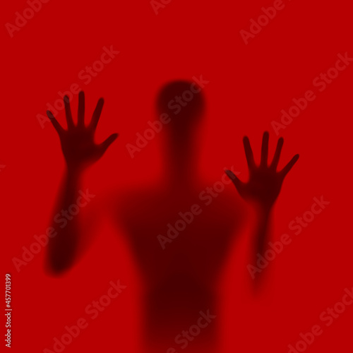 Shadow Blur of Horror Man Behind the Matte Glass. Blurry Hand, Body Figure Abstraction, and Two Palms. The Reflection of the Silhouette Through the Light. Illustration on Red Backdrop