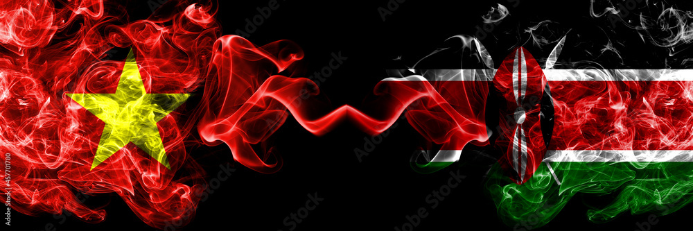 Vietnam, Vietnamese vs Kenya, Kenyan smoke flags side by side. Vietnam, Vietnamese vs Kenya, Kenyan smoke flags side by side.