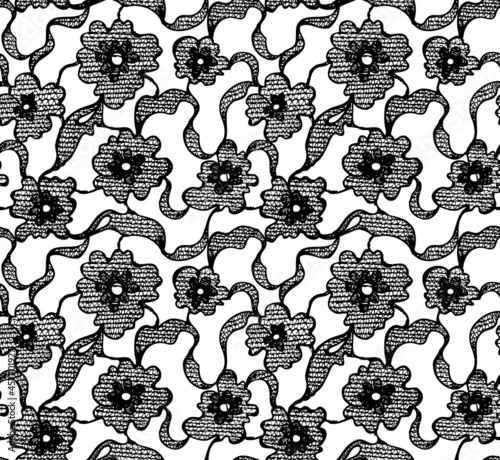 Black Lace on White Background. Hand Drawn Seamless Pattern. Endless Texture. Vector Illustration.