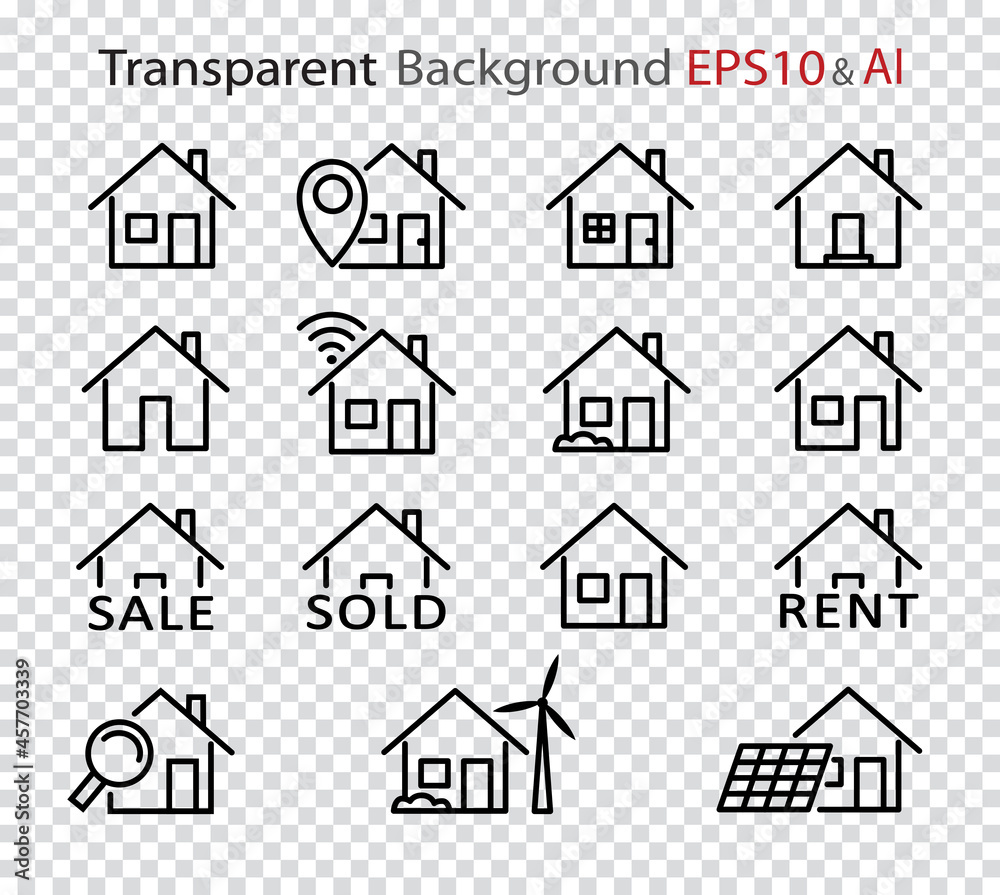 Set of house line icons. Smart, eco, sale, rent vector house icons on transparent background. Eps and Ai files. Set of house line icons. Smart, eco, sale, rent vector house icons on transparent background. Eps and Ai files.