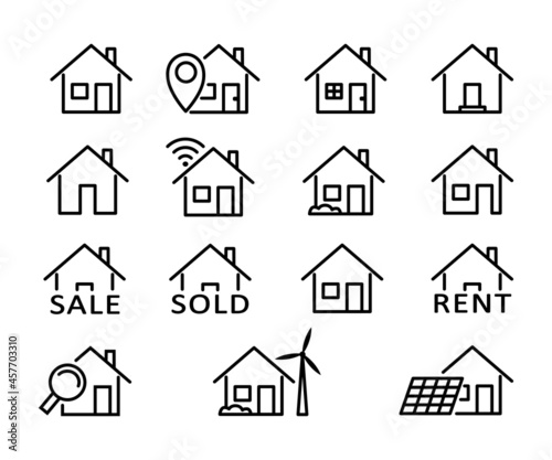 Set of house line icons. Smart, eco, sale, rent vector house icon.