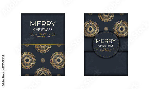Holiday card Happy New Year in dark blue color with luxury gold pattern