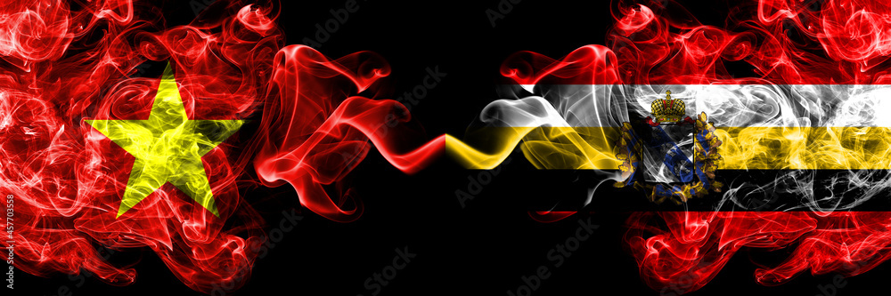 Vietnam, Vietnamese vs Russia, Russian, Kursk Oblast smoke flags side by side. Vietnam, Vietnamese vs Russia, Russian, Kursk Oblast smoke flags side by side.