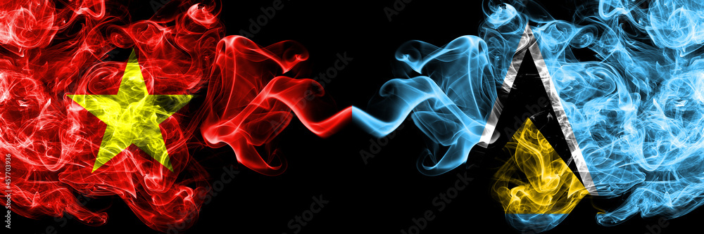 Vietnam, Vietnamese vs Saint Lucia smoke flags side by side. Vietnam, Vietnamese vs Saint Lucia smoke flags side by side.