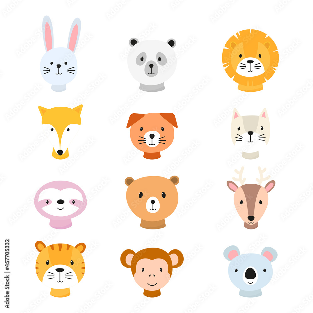Cute animals portraits set for children card. Tiger, panda, bunny, fox and other. Happy animal faces collection. Vector illustration isolated on white background.