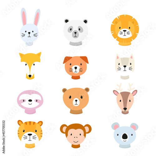 Cute animals portraits set for children card. Tiger  panda  bunny  fox and other. Happy animal faces collection. Vector illustration isolated on white background.