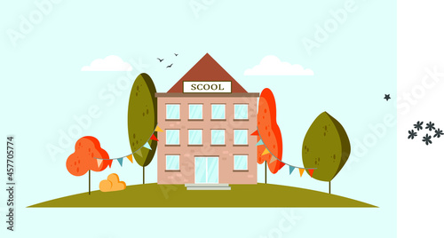 Vector illustration of an autums landscape with a school, trees, and buildings in the background. photo