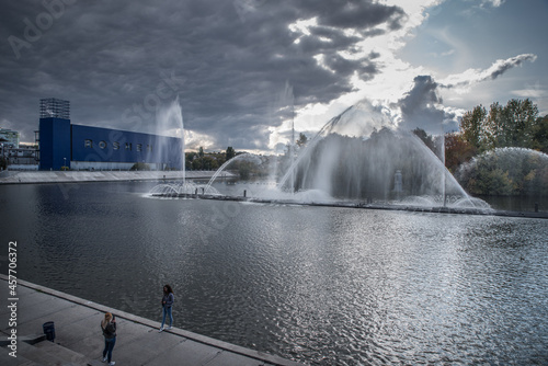 Vinnitsa. Ukraine. October 6, 2019; Light and music fountain on the South Bug River in the city of Vinnitsa, Ukraine. A multimedia fountain on the river along the promenade. photo