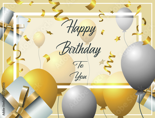 Happy Birthday vector card. Gold and Silver color birthday greeting card with balloons and gift boxes  decorations Realistic Fortuna Gold Balloons Illustration with Confetti Birthday Card Template.