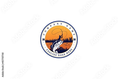 Vintage Retro Man Fishing Bass Salmon Carp Lake River Creek Fresh Water Logo Design Vector
