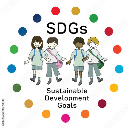 SDGsを分かりやすくイメージした、多国籍の子供達が腕を組むイラスト：SDGsの各17目標カラーを使用しています。