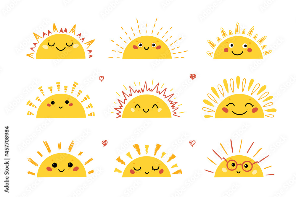 Cute Sunset or Sunrise with Smiling Face for Kids Design. Doodle Funny Half Sun Icons Vector Set