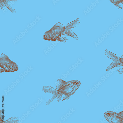 Seamless background of sketches floating gold fishes