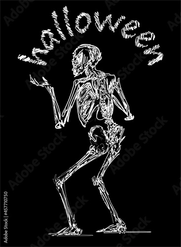 Vector greeting card with sketch human skeleton and text halloween