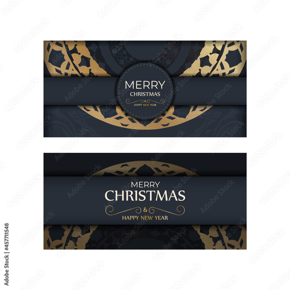 Postcard template Merry Christmas and Happy New Year in dark blue with vintage gold pattern