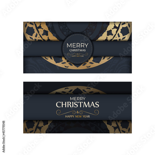 Postcard template Merry Christmas and Happy New Year in dark blue with vintage gold pattern
