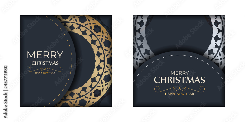 Postcard template Merry christmas in dark blue color with luxury gold pattern