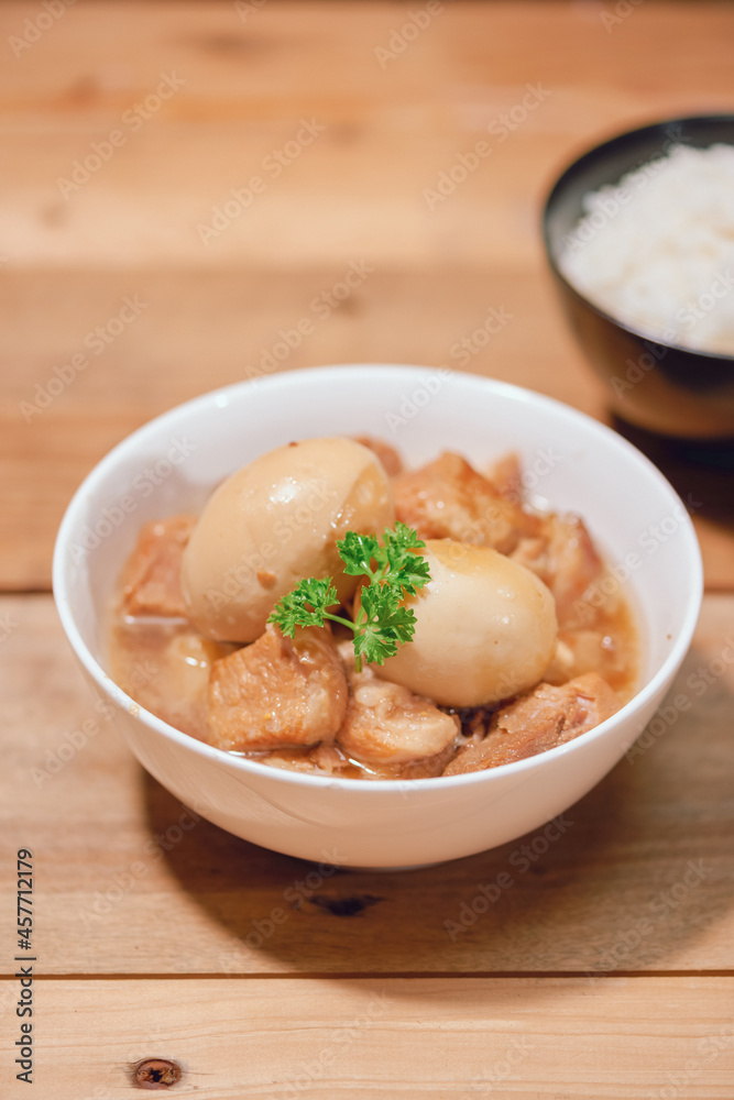 Braised three layer pork with seasoned boiled egg. Braised three layer pork with seasoned boiled egg.
