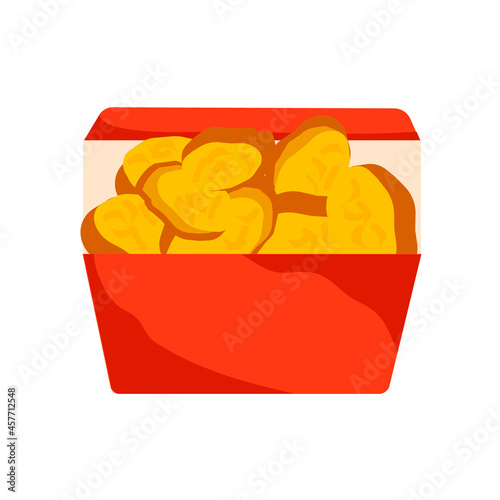 Chicken nuggets in a red cardboard box on a white background.Vector illustration.Nuggets can be used for fast food restaurant designs.