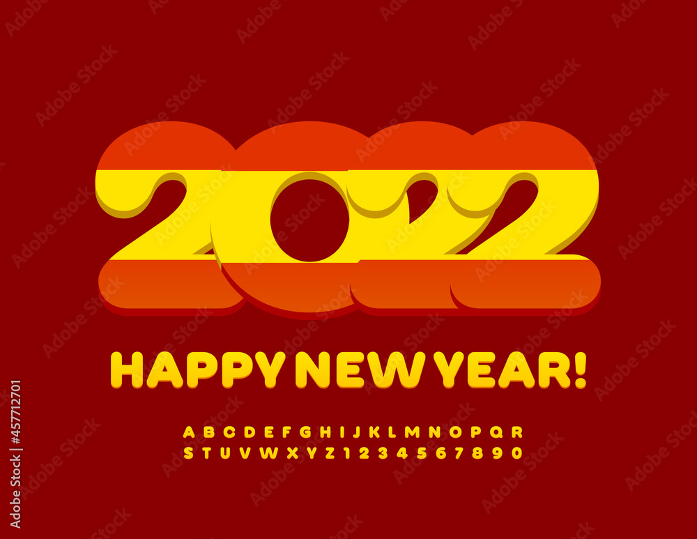 Vector bright Greeting Card Happy New Year 2022 with Spanish Flag. Trendy Colorful Font. Creative Alphabet Letters and Numbers set Vector bright Greeting Card Happy New Year 2022 with Spanish Flag. Trendy Colorful Font. Creative Alphabet Letters and Numbers set