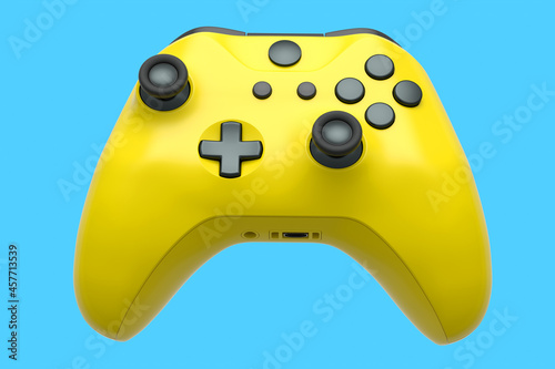 Realistic yellow joystick for video game controller on blue background