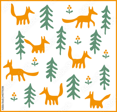 Foxes in the forest among Christmas trees and yellow cloudberries