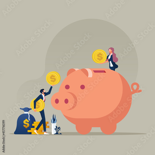 Business team putting coins into piggy bank, saving money and profit  concept