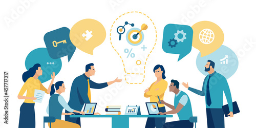 Brainstorming. The team discuss about  a project. Light bulb as a symbol of new idea and solving problems. Vector illustration.
