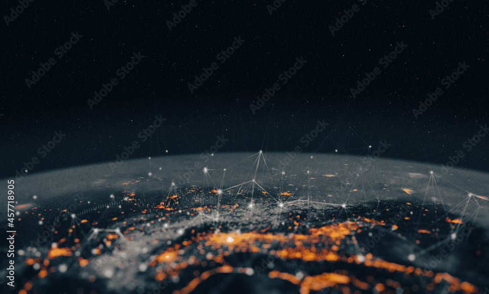 Communication technology for internet business. Global world network and telecommunication on earth cryptocurrency and blockchain and IoT. Elements of this image furnished by NASA